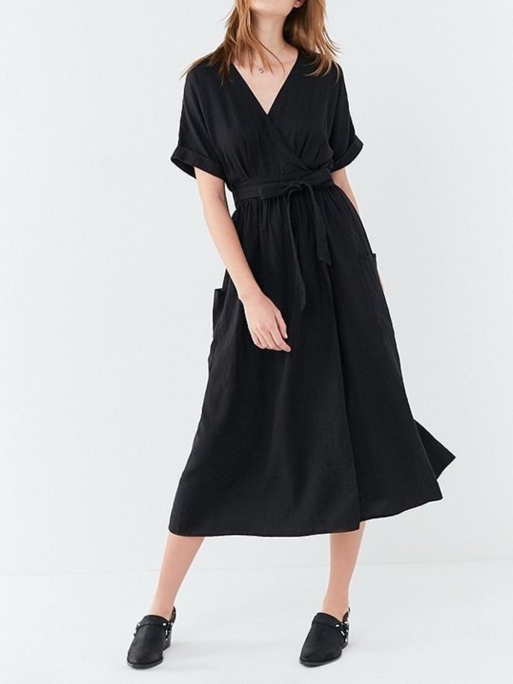 Black Wrap-Front Midi Dress with Tie Waist